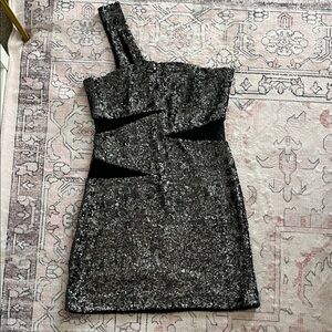 ABS Allen Schwartz Silver One-Shoulder Sequin Mini Dress